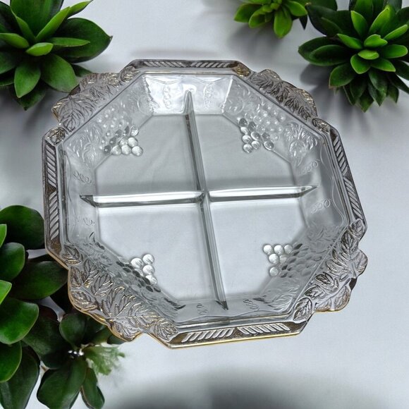 Vintage 1950s Jeannette Glass 4‑Section Relish Tray w/ Grape Motif & Gold Trim - Picture 1 of 9